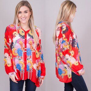 Johnny Was Mishka Floral Button-Down Boxy Blouse Cupra Rayon Red Size XS